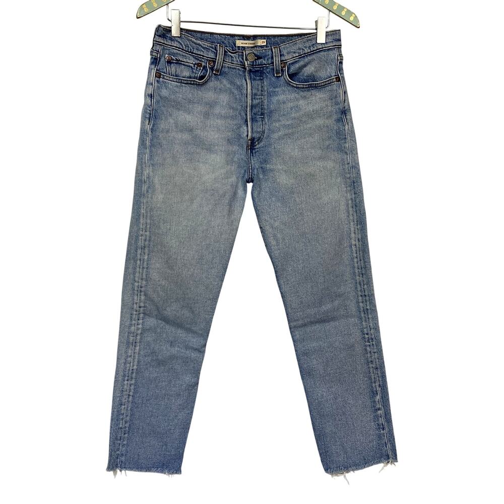 Levis Wedgie Straight Jeans Womens 29‎ Blue High Rise Button Fly Raw Hem 29x27